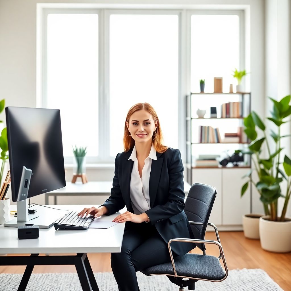 Professional woman in a black blazer sitting at a modern home office desk with a monitor, keyboard, and plants, in a well-lit office space with shelves, perfect for growing affiliate revenue.