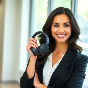 "A stunning woman showcasing top high paying affiliate programs noise canceling headphones, perfect for travelers, with a professional and confident smile."