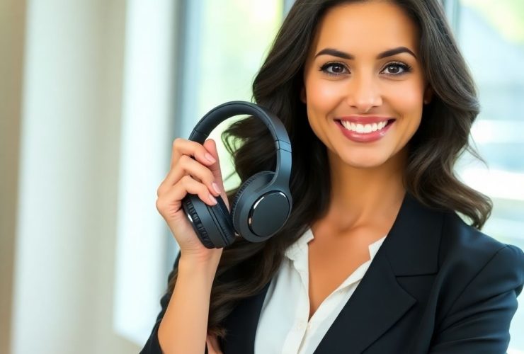 "A stunning woman showcasing top high paying affiliate programs noise canceling headphones, perfect for travelers, with a professional and confident smile."