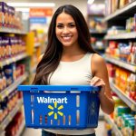 A beautiful woman holding a Walmart shopping basket, surrounded by affordable products in a store aisle, promoting the Walmart Affiliate Program for budget shoppers.