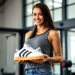 A stunning woman showcasing stylish Adidas Gazelle Indoor sneakers for adidas affiliate programs.