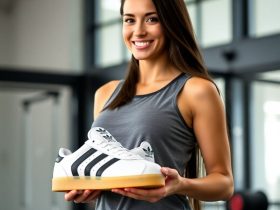 A stunning woman showcasing stylish Adidas Gazelle Indoor sneakers for adidas affiliate programs.