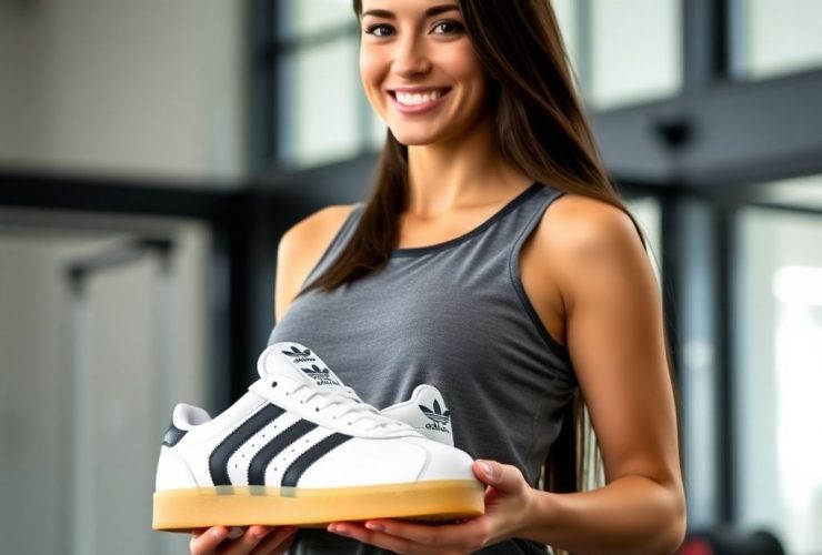 A stunning woman showcasing stylish Adidas Gazelle Indoor sneakers for adidas affiliate programs.