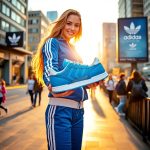 Beautiful woman in a blue Adidas tracksuit holding electric blue Adidas Spiritain 2000 sneakers, promoting adidas affiliate programs on a city sidewalk at sunset.