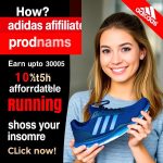Smiling woman holding Adidas running shoe next to bold text promoting Adidas affiliate programs with up to 10.5% commission.