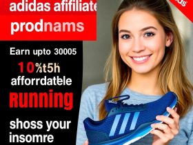 Smiling woman holding Adidas running shoe next to bold text promoting Adidas affiliate programs with up to 10.5% commission.