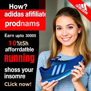 Smiling woman holding Adidas running shoe next to bold text promoting Adidas affiliate programs with up to 10.5% commission.