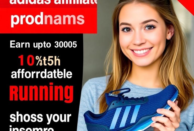Smiling woman holding Adidas running shoe next to bold text promoting Adidas affiliate programs with up to 10.5% commission.