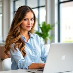A beautiful woman working remotely as a graphic designer in a modern office with a laptop. Remote Graphic Design Jobs