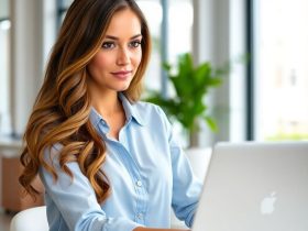 A beautiful woman working remotely as a graphic designer in a modern office with a laptop. Remote Graphic Design Jobs
