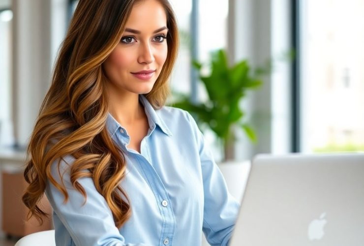 A beautiful woman working remotely as a graphic designer in a modern office with a laptop. Remote Graphic Design Jobs