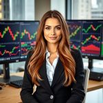 Smiling woman in black blazer at a trading desk with stock charts on monitors, representing success using the best trading platforms.