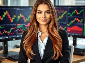 Smiling woman in black blazer at a trading desk with stock charts on monitors, representing success using the best trading platforms.