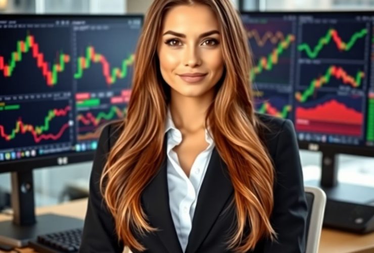 Smiling woman in black blazer at a trading desk with stock charts on monitors, representing success using the best trading platforms.