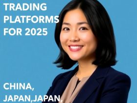 Smiling East Asian businesswoman in blazer next to text reading “Best Trading Platforms for 2025 – China, Japan and Germany” on a blue background.