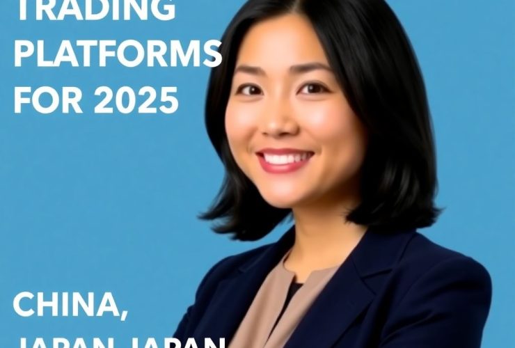 Smiling East Asian businesswoman in blazer next to text reading “Best Trading Platforms for 2025 – China, Japan and Germany” on a blue background.