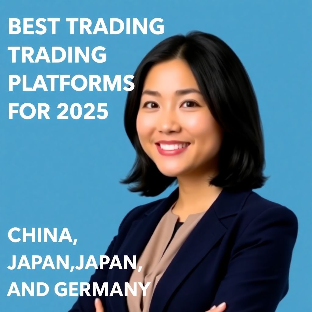 Smiling East Asian businesswoman in blazer next to text reading “Best Trading Platforms for 2025 – China, Japan and Germany” on a blue background.