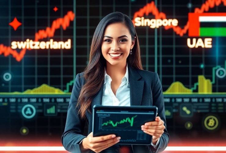 Woman using tablet with trading dashboards showcasing the best trading platforms in Switzerland, Singapore, and UAE for 2025.