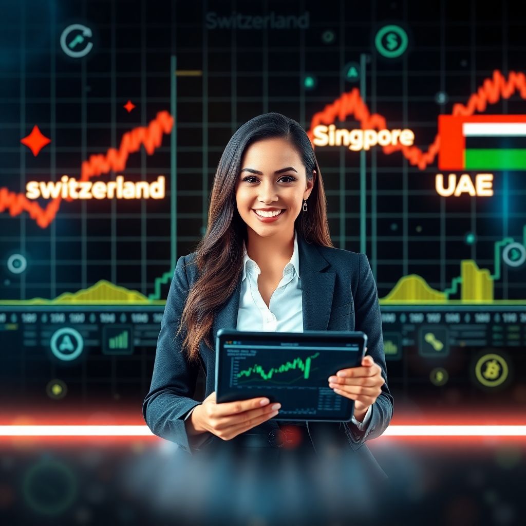 Woman using tablet with trading dashboards showcasing the best trading platforms in Switzerland, Singapore, and UAE for 2025.