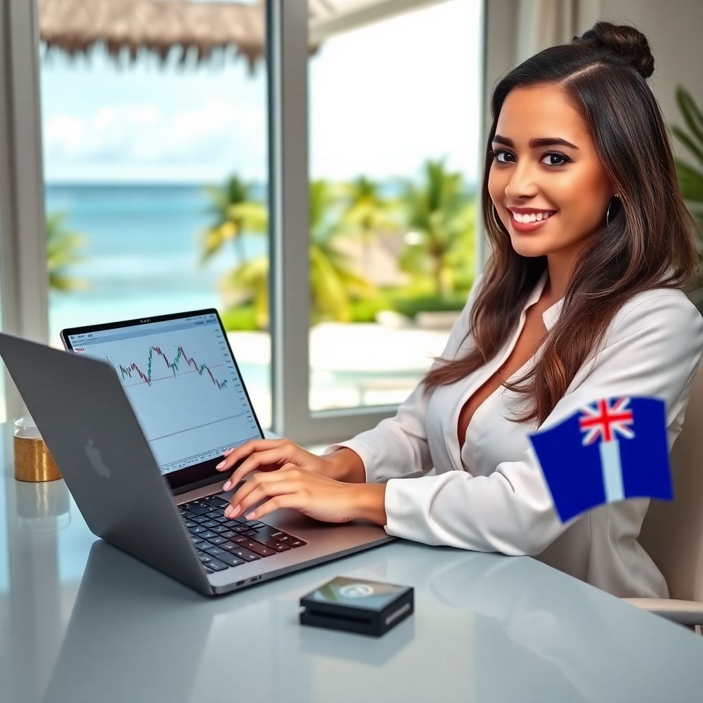 Beautiful woman trading online using the best platforms in El Salvador, Australia, and Panama in 2025 — showcasing success, low fees, and smart investing.