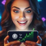 A vibrant digital image showing a user happily claiming cryptocurrency rewards from the Ltc-trx-faucet platform on their smartphone.