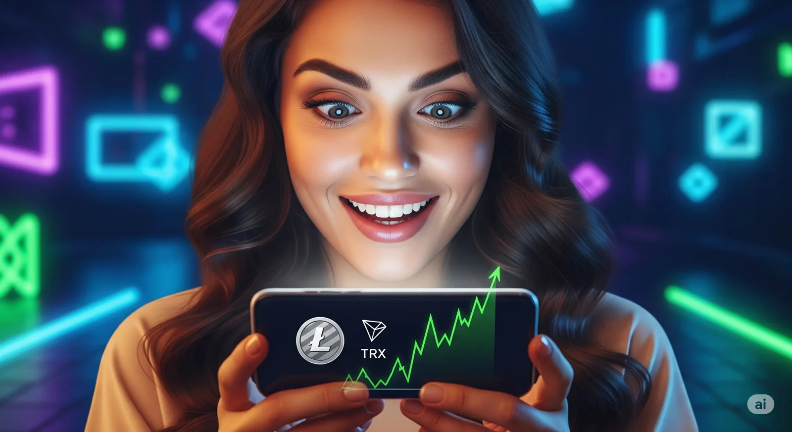 A vibrant digital image showing a user happily claiming cryptocurrency rewards from the Ltc-trx-faucet platform on their smartphone.