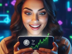 A vibrant digital image showing a user happily claiming cryptocurrency rewards from the Ltc-trx-faucet platform on their smartphone.