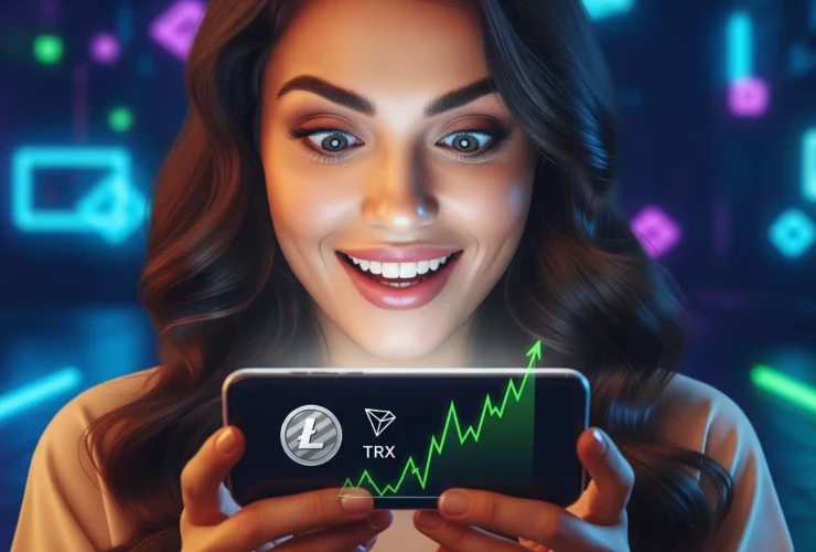 A vibrant digital image showing a user happily claiming cryptocurrency rewards from the Ltc-trx-faucet platform on their smartphone.