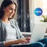 A happy woman using a laptop, with crypto icons and the Pepe Faucet logo visible, illustrating how to earn free PEPE coins.