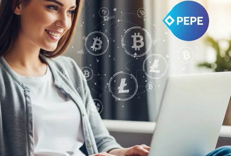 A happy woman using a laptop, with crypto icons and the Pepe Faucet logo visible, illustrating how to earn free PEPE coins.
