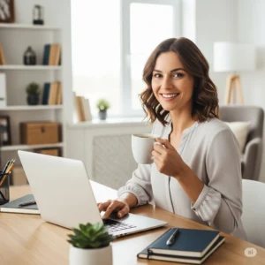 A beautiful woman smiling while earning free HireTalents on her laptop.