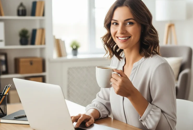 A beautiful woman smiling while earning free HireTalents on her laptop.