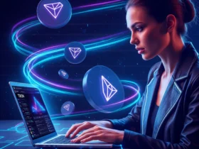 A woman happily earning free Tron.