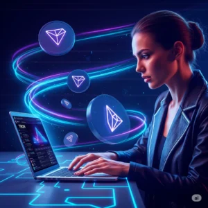 A woman happily earning free Tron.